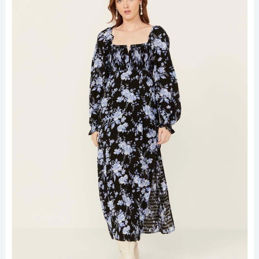 NWT Free People Jaymes Dress Black Blue Floral Smocked Long Sleeve Maxi Boho